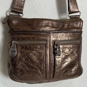 Brighton Gold Pewter Metallic Leather Crossbody Shoulder Bag Purse Handbag